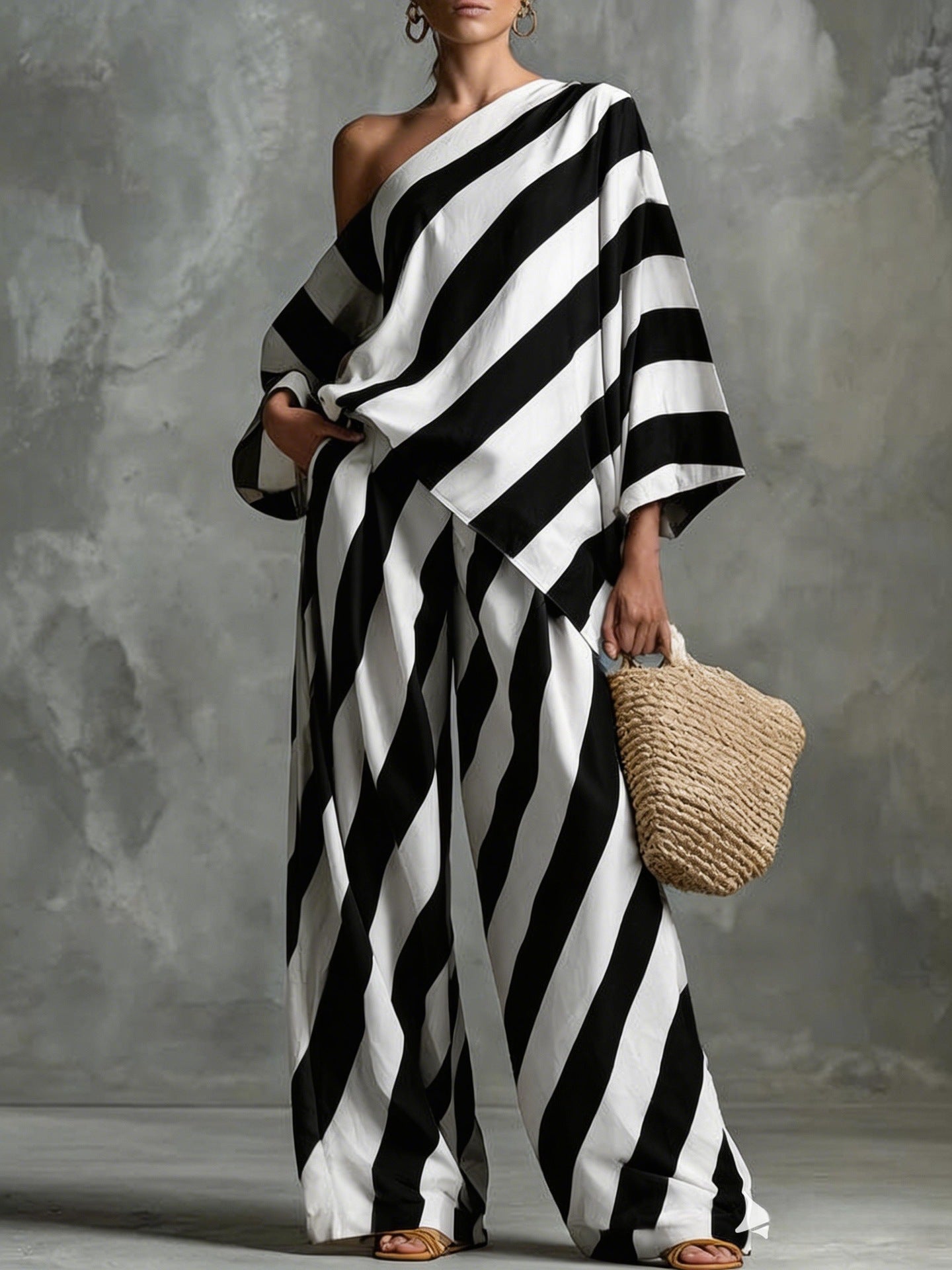 Retro Striped Printed Chiffon Top And Wide-leg Pants Set 