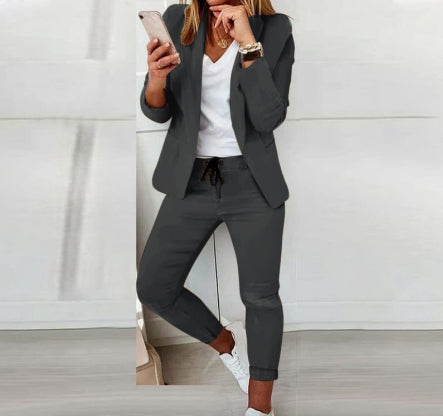 Women’s Notch-Lapel Blazer & Drawstring Pants Suit Set 