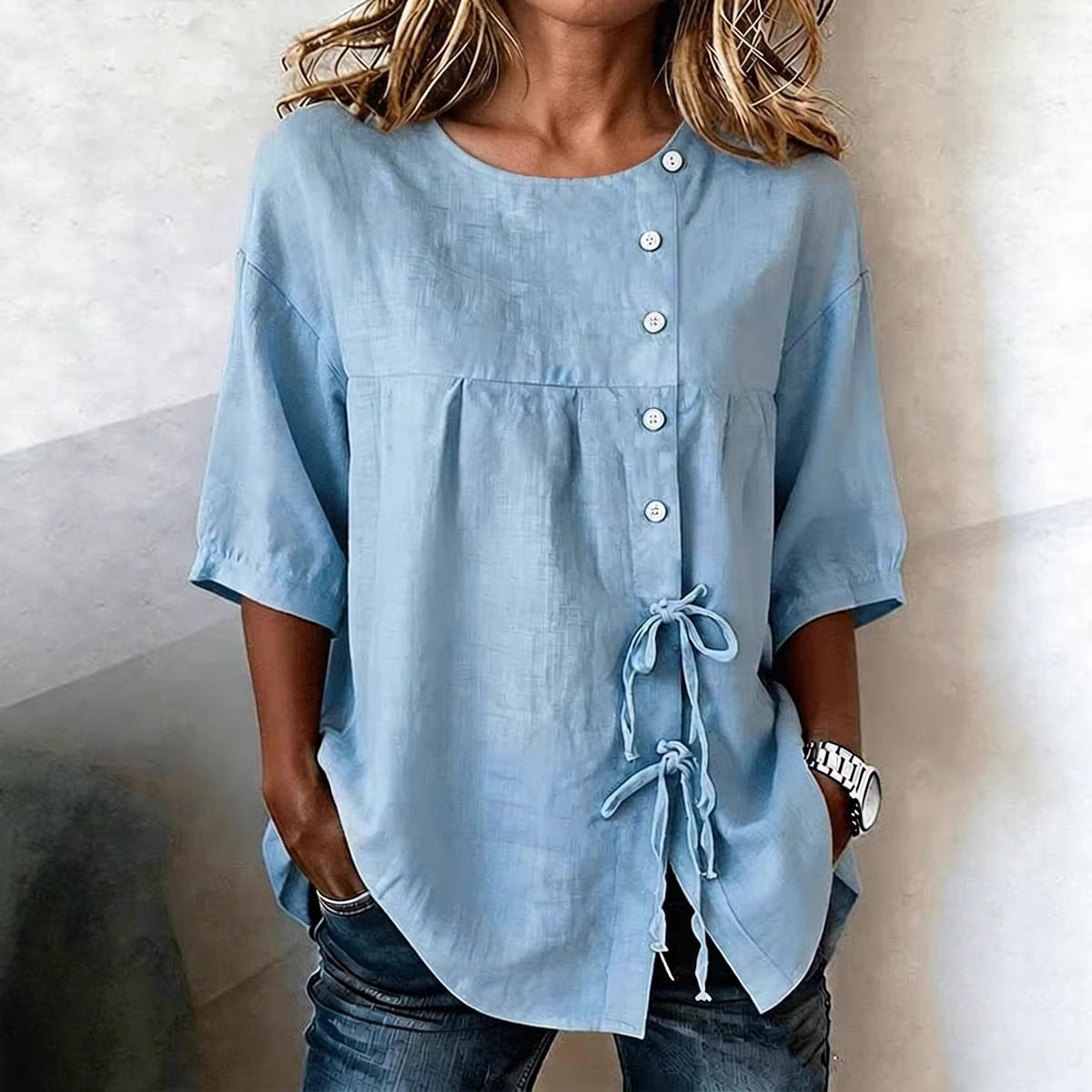 Lace-up Button New Solid-color Shirt 