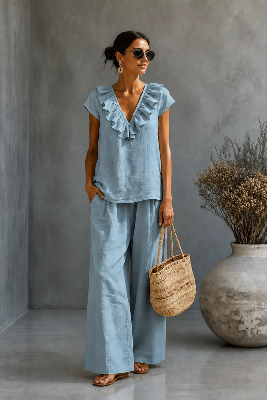 Women's V-neck Ruffled Hem Wide-leg Pants Set 