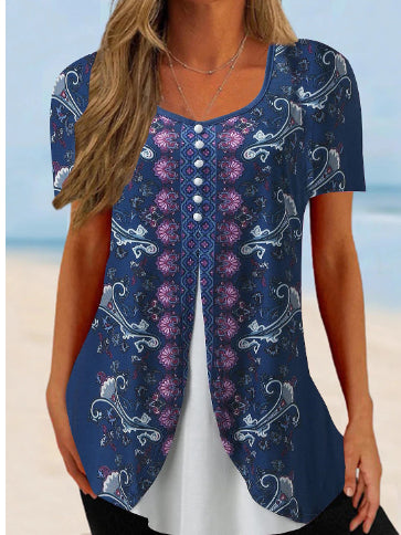 Summer New Short-sleeved Printed Fake Two-piece T-shirt V-neck Fashion Spike Top 