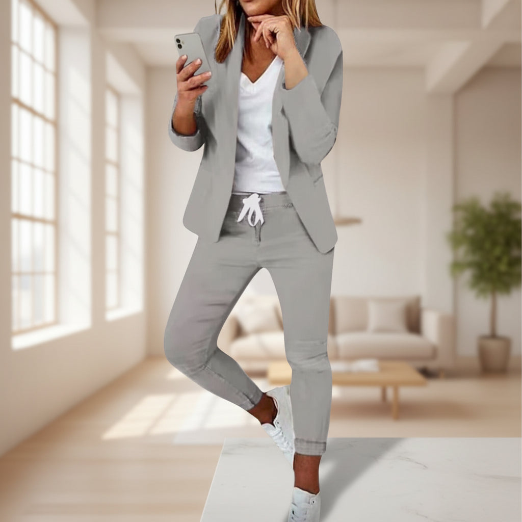 Women’s Notch-Lapel Blazer & Drawstring Pants Suit Set 