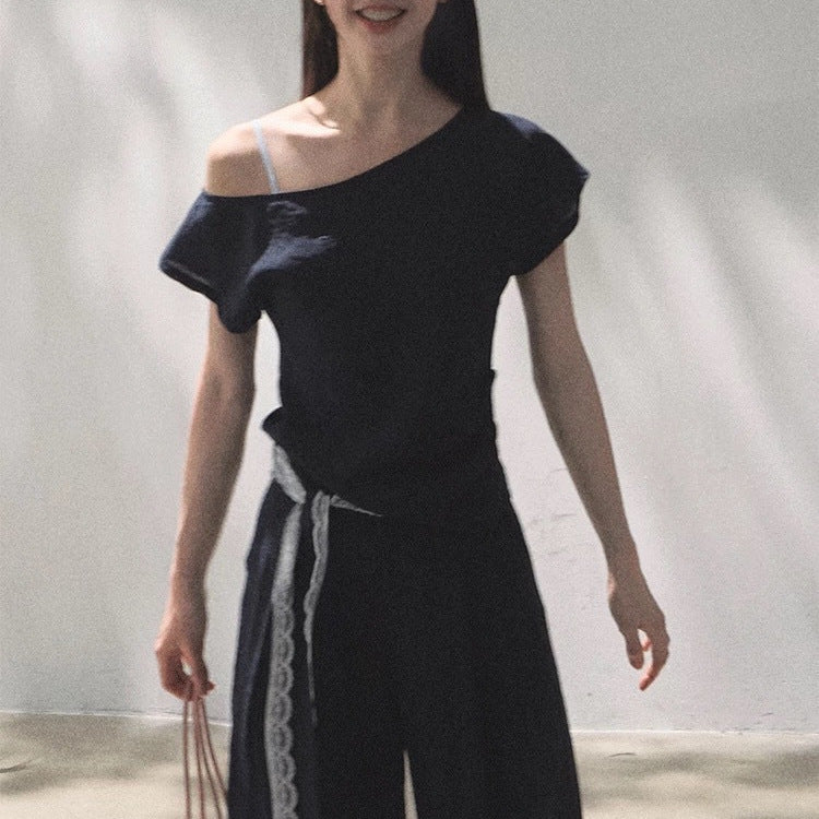 Linen Off-shoulder Short-sleeve Shirt Casual Set 