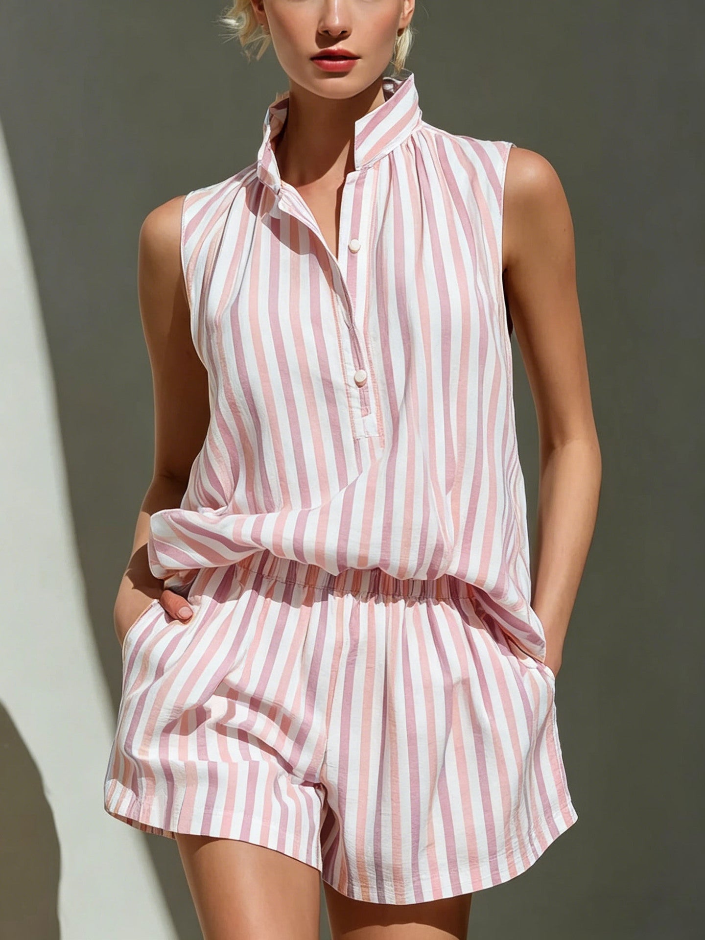 Sleeveless Stand Collar Striped Vest And Casual Shorts Two-Piece Set 