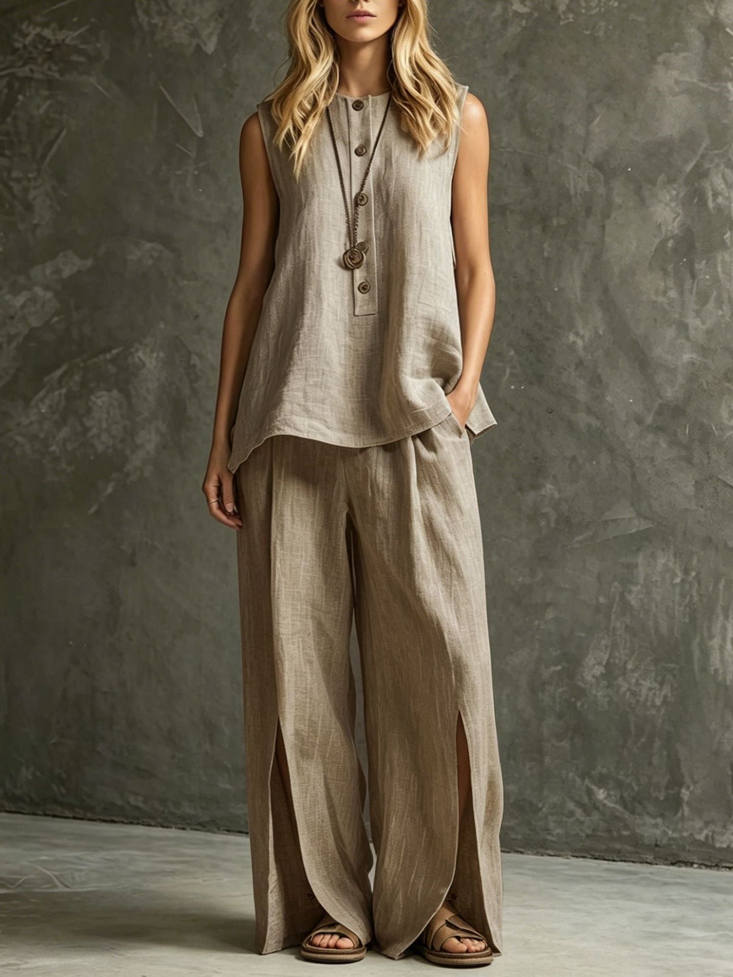 Womens Loose Sleeveless Tank Top And Slit Wide-Leg Pants Set 