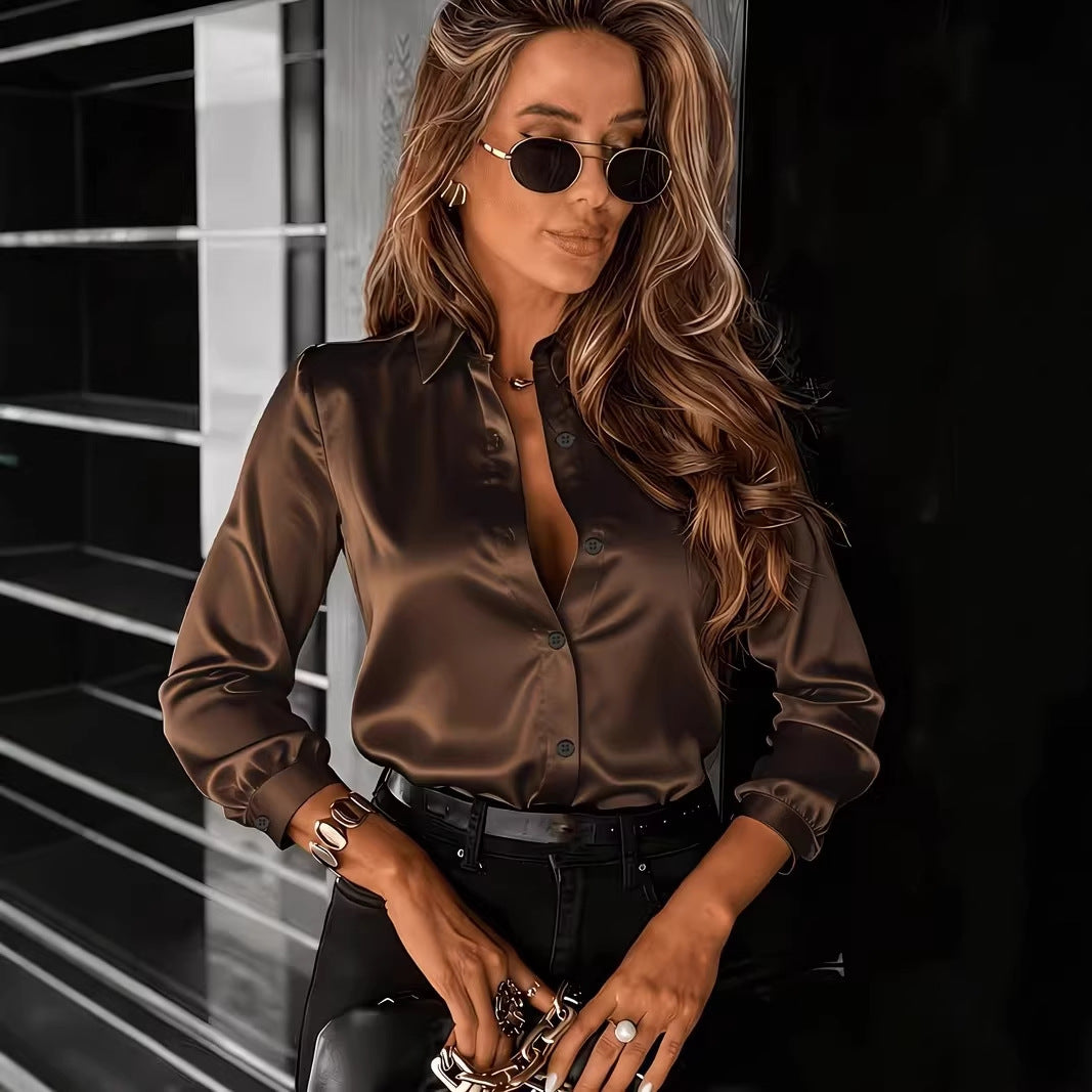 Commuter Drapey Satin Long-Sleeve Lapel Shirt For Women 