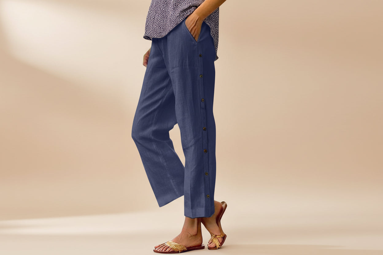 Cropped Pants With Decorative Buttons Along The Side Seams 