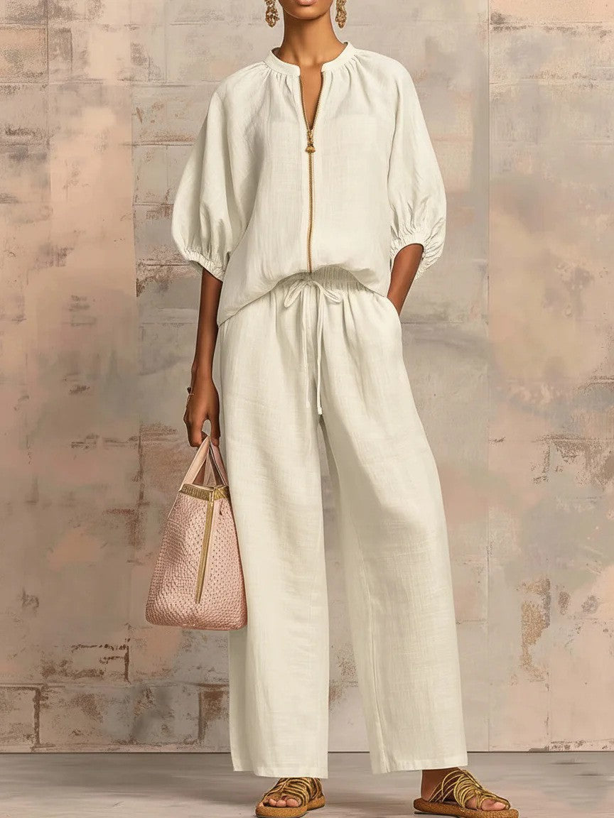 Summer Women's Casual Loose Solid Color Zipper Round Neck Wide Leg Pants Set 