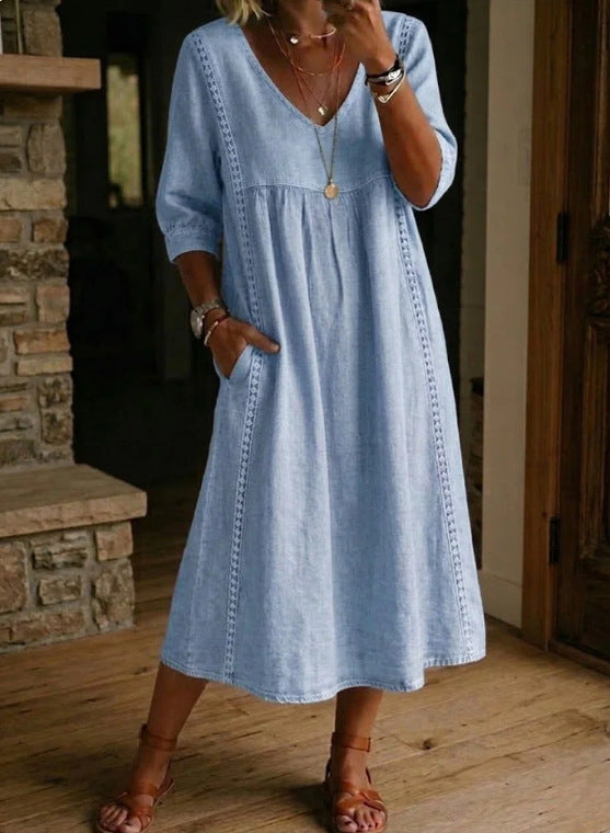 Casual Loose V-Neck Lace Trim Linen Cotton Dress 