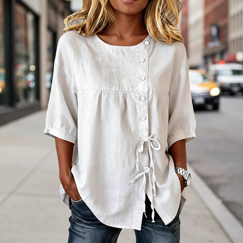 Lace-up Button New Solid-color Shirt 