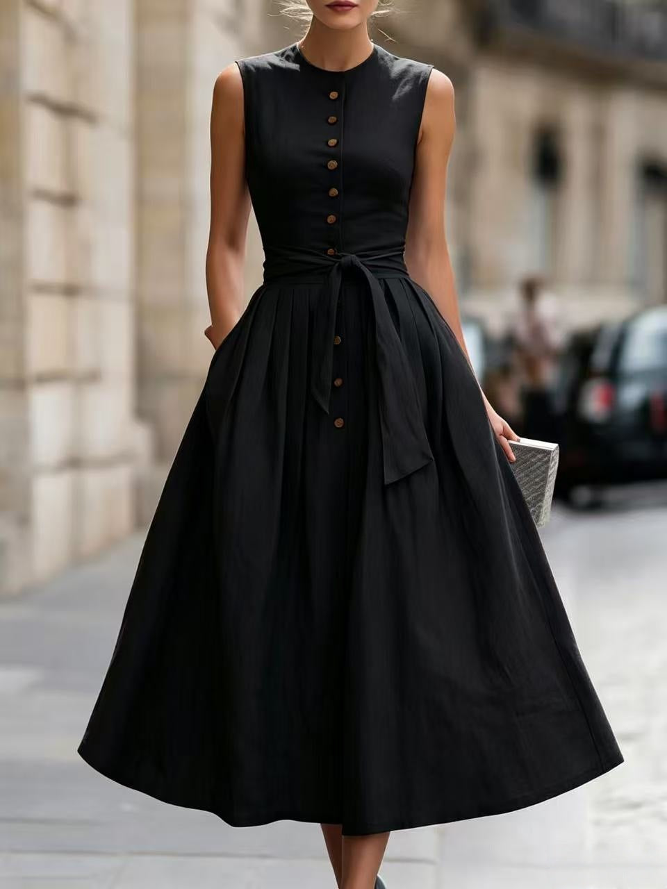 Fitted-waist, Sleeveless Cotton-linen Solid-color Maxi Dress 