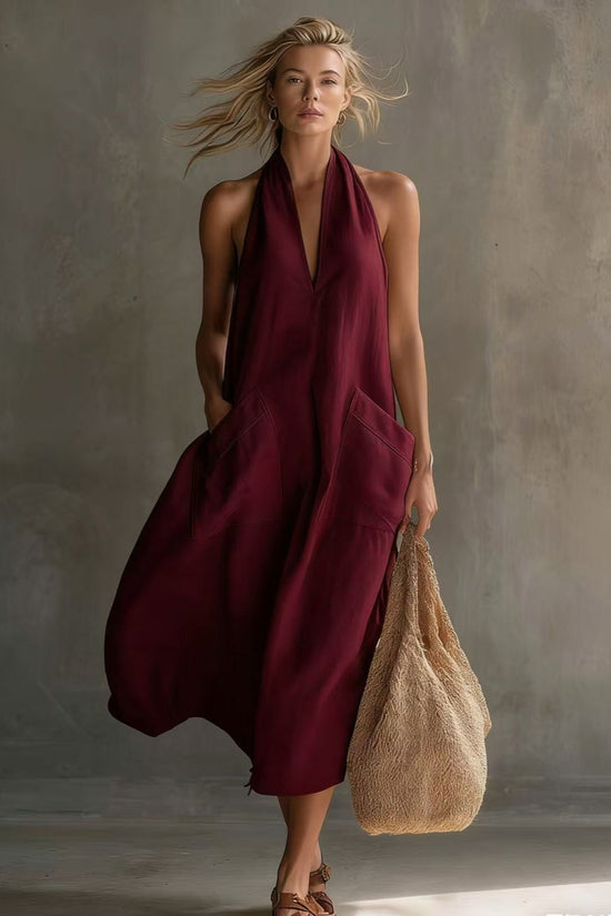 Casual Retro V-Neck Slip Linen Dress 
