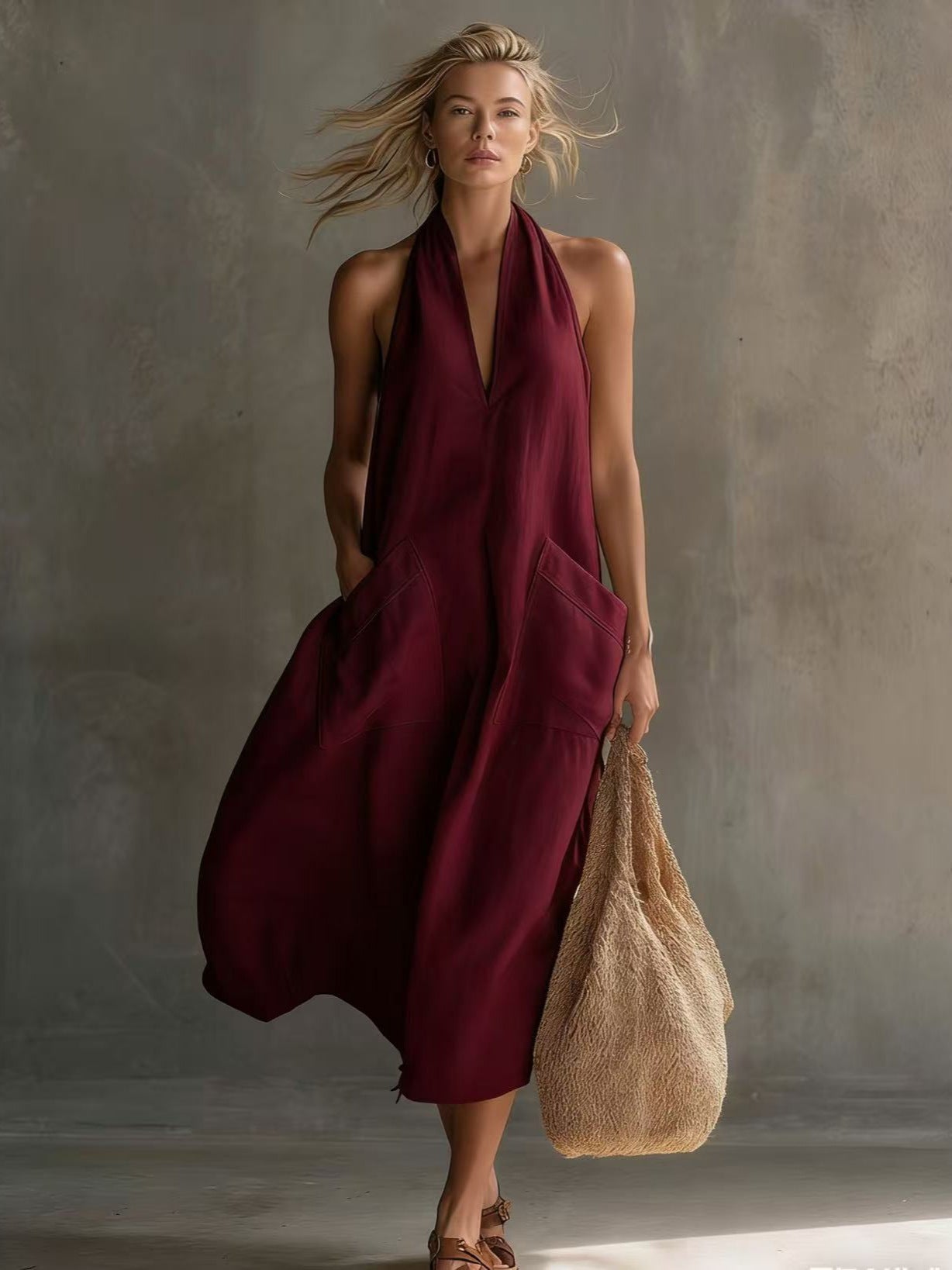 Casual Retro V-Neck Slip Linen Dress 