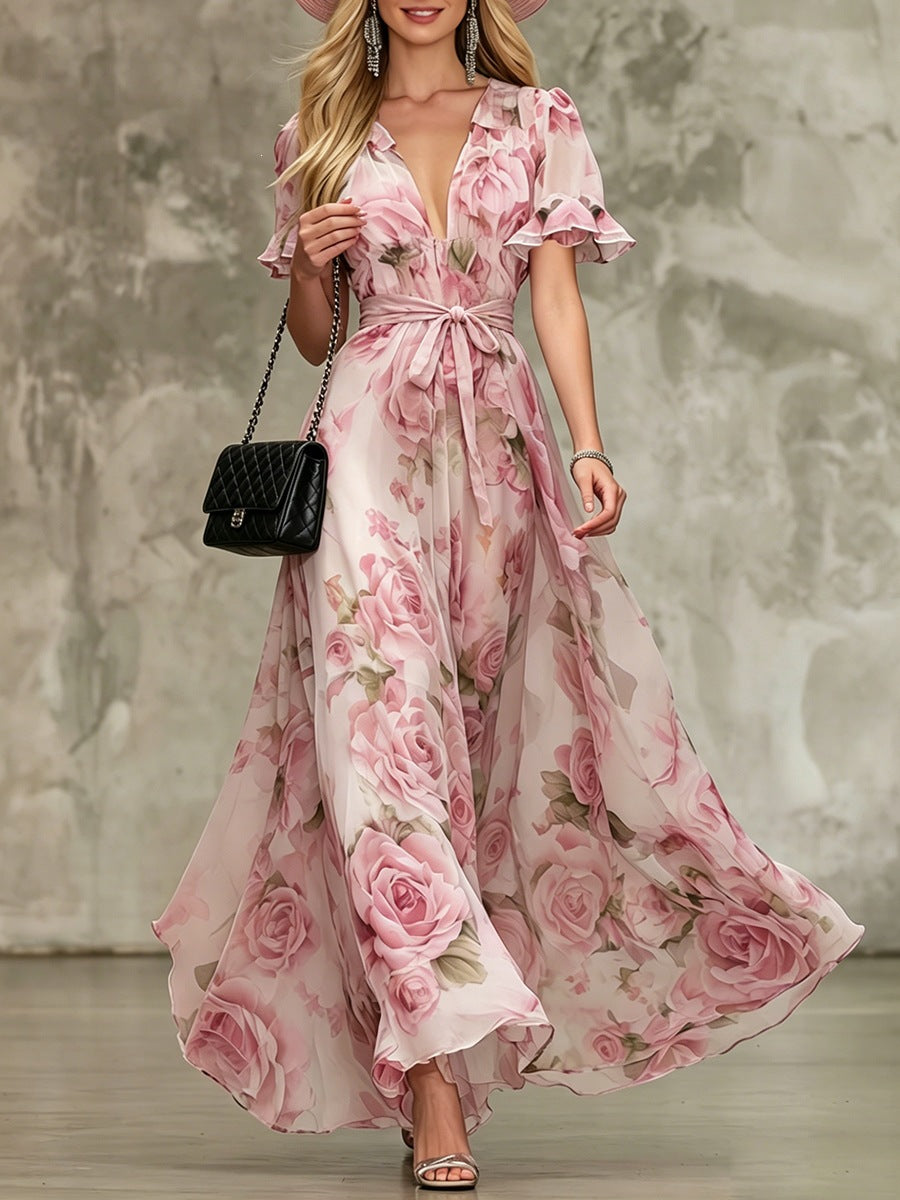 Deep V-neck ruffle sleeve printed dress 