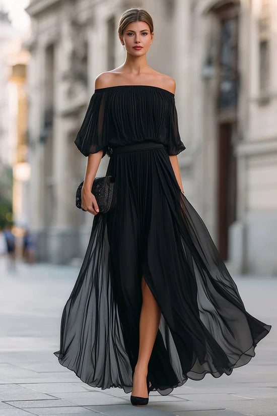 New Black Chiffon Maxi Dress with Split, One-Shoulder Design, Flowing and Draping Skirt 