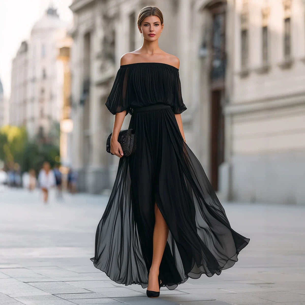 New Black Chiffon Maxi Dress with Split, One-Shoulder Design, Flowing and Draping Skirt 