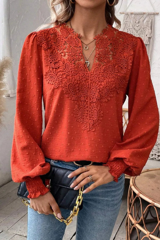 Swiss Dot Lace Detail Notched Long Sleeve Blouse 