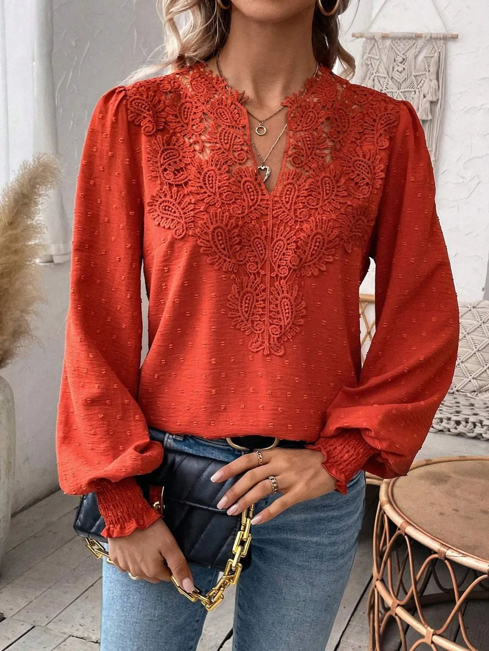 Swiss Dot Lace Detail Notched Long Sleeve Blouse 