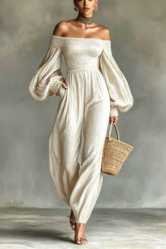 Style Off-Shoulder Lantern Sleeve Pleated Loose Jumpsuit for Women 