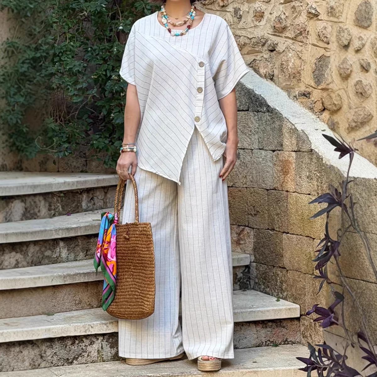 Striped Short-sleeve Shirt And Loose-fitting Pants Two-piece Set 