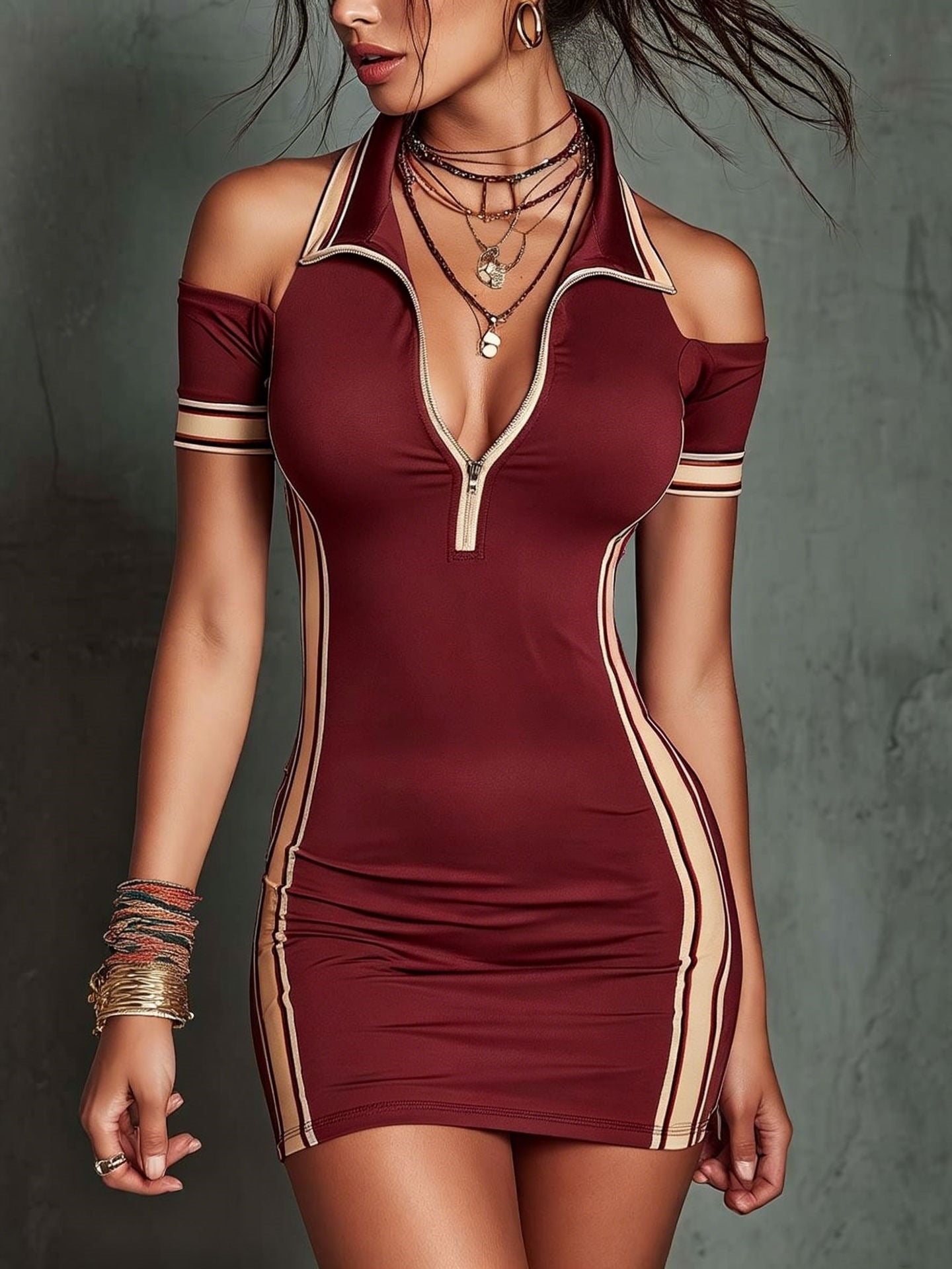 Elastic contrasting striped tight mini dress 