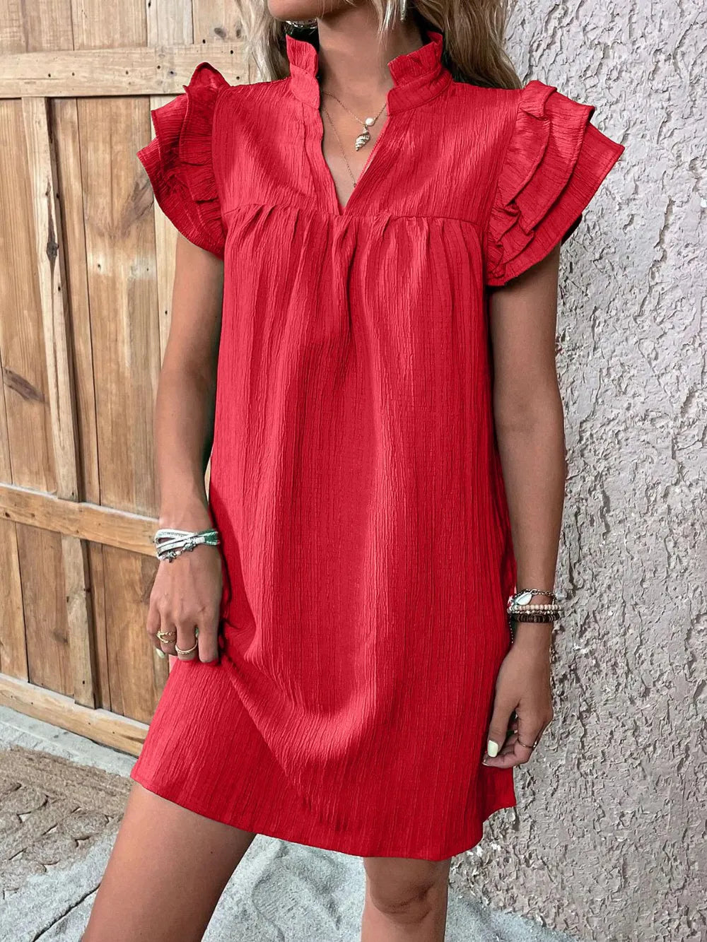 Ruffled Notched Cap Sleeve Mini Dress 