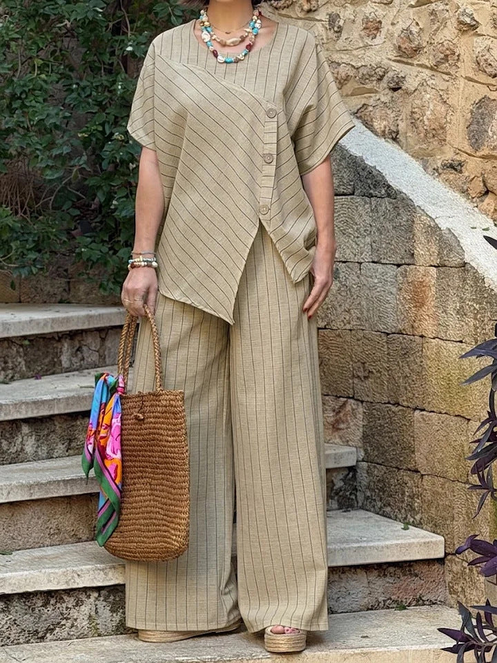 Striped Short-sleeve Shirt And Loose-fitting Pants Two-piece Set 