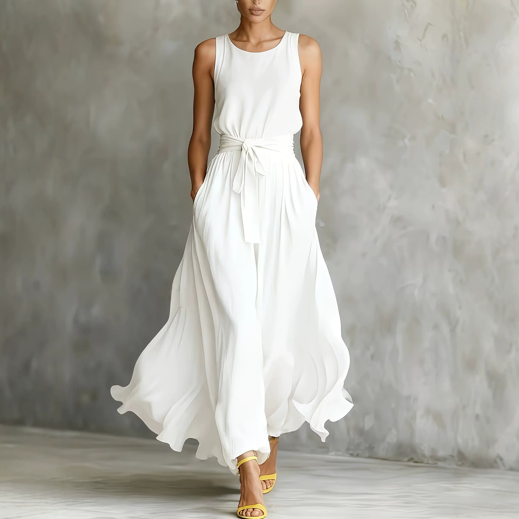 Womens Waist-Cinching Lace-Up Sleeveless Dress 