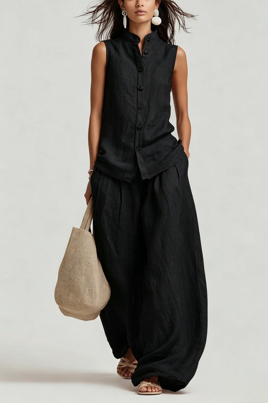 Womens Casual Cotton-Linen Sleeveless Crew-Neck Vest Top And Pants Two-Piece Set 