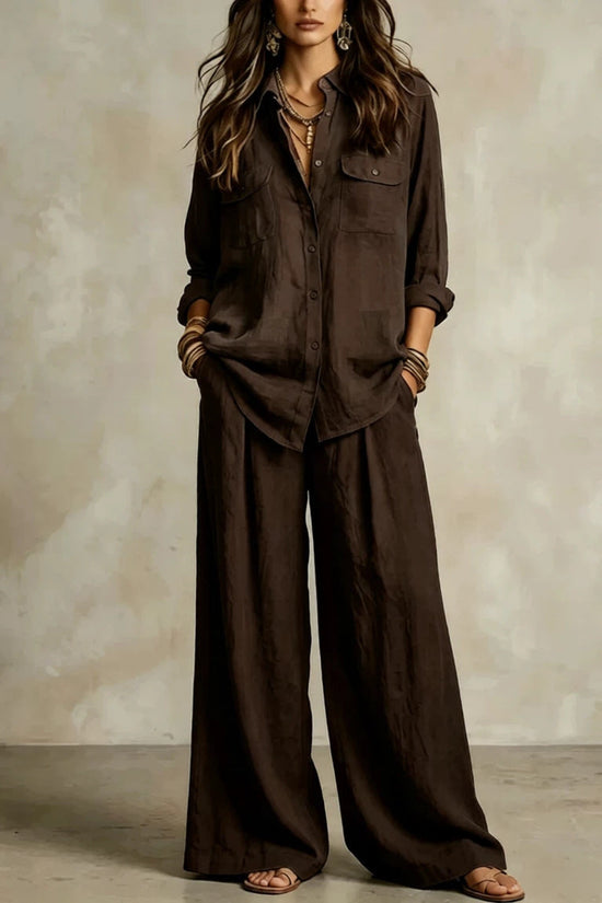 Chic Linen Set for Women, Breathable Lightweight Long Sleeve Shirt with Drapey Wide-Leg Pants, Vacation Style Casual Outfit 
