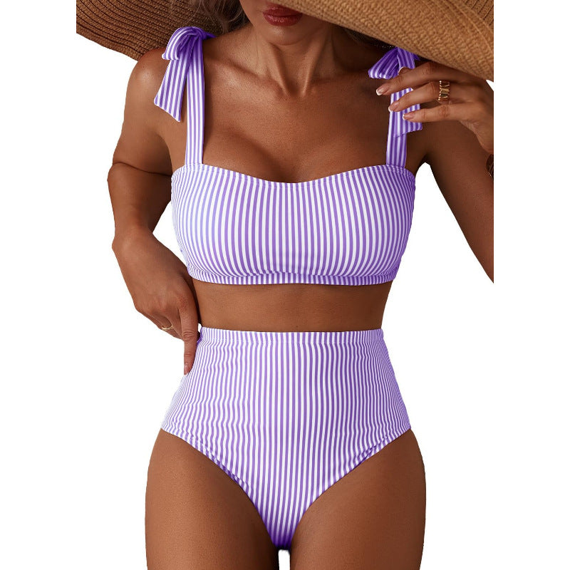 Women's Striped Bikini Set with Tie-Shoulder Design, High-Waisted Two-Piece Swimsuit 