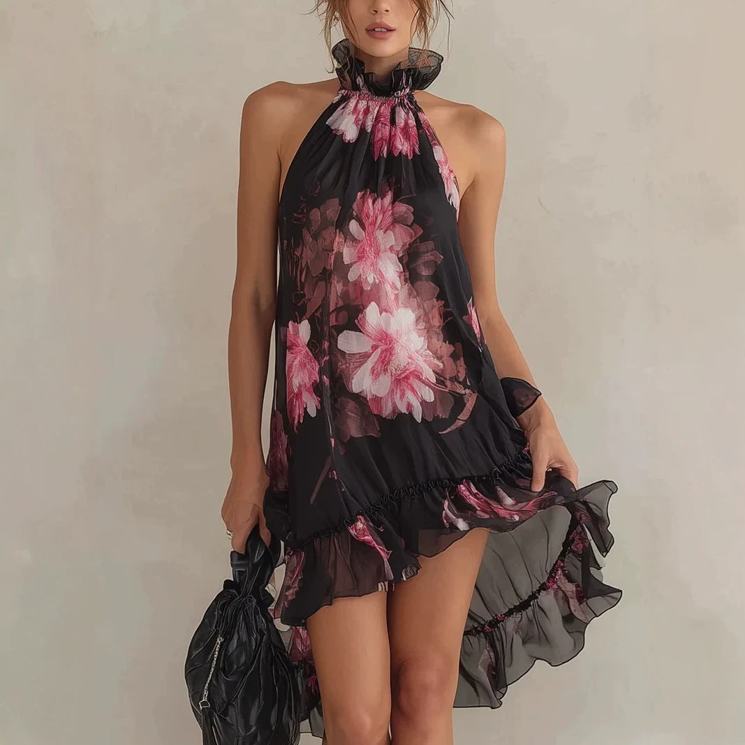 Summer New Women's Chiffon Printed Off-Shoulder Sexy Dress 