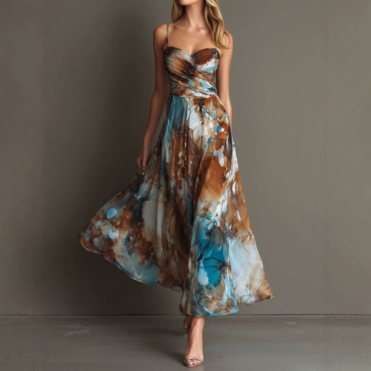 Fashionable Elegant Printed Dress with Sexy Straps, Waist-Cinching Flowy Beach Long Dress 