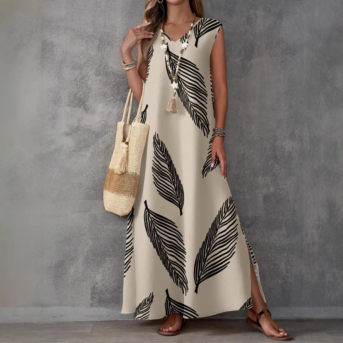 Summer Vacation Style Casual Printed V-Neck Dress 