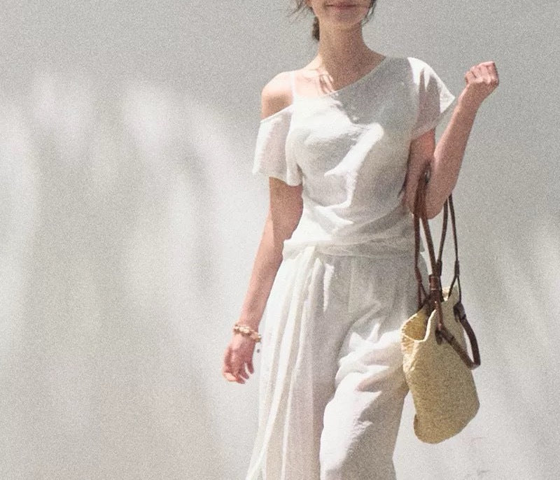 Linen Off-shoulder Short-sleeve Shirt Casual Set 