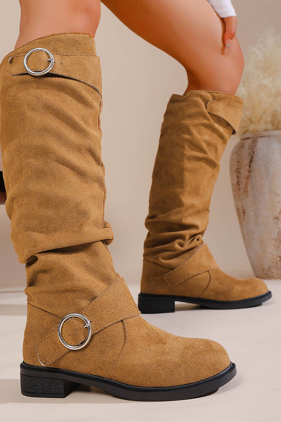 Pleated Flat-bottom Western Cowboy Boots For Women With Belt Buckle 