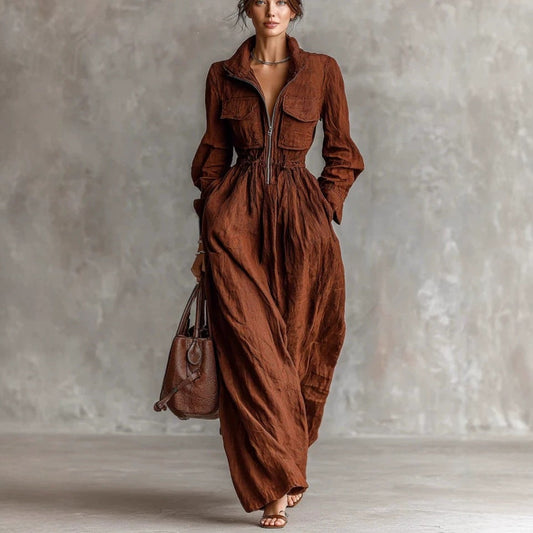 Women's Zipper Collar Elastic Waist Long Dress 