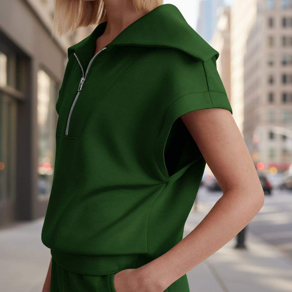 Women's Casual Solid Color Half Zipper And Lapel Top Sweatshirt Shorts Sportswear Suit 