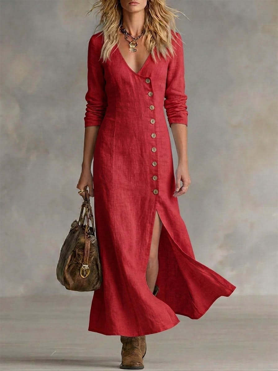 Fashionable Casual Cotton-Linen Long-Sleeve Womens Dress 