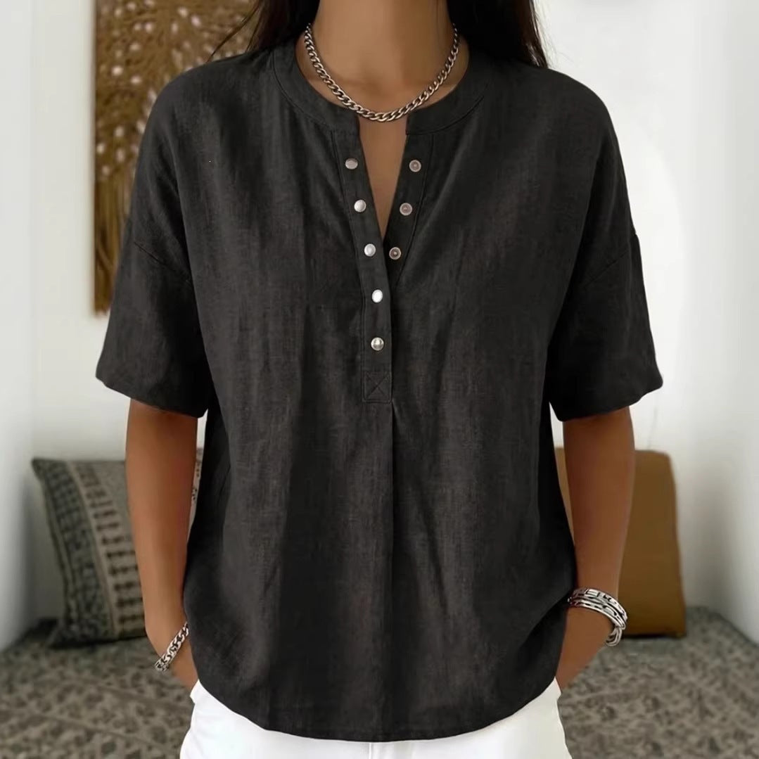 Solid Color Casual Pullover Short-Sleeve Shirt For Women 