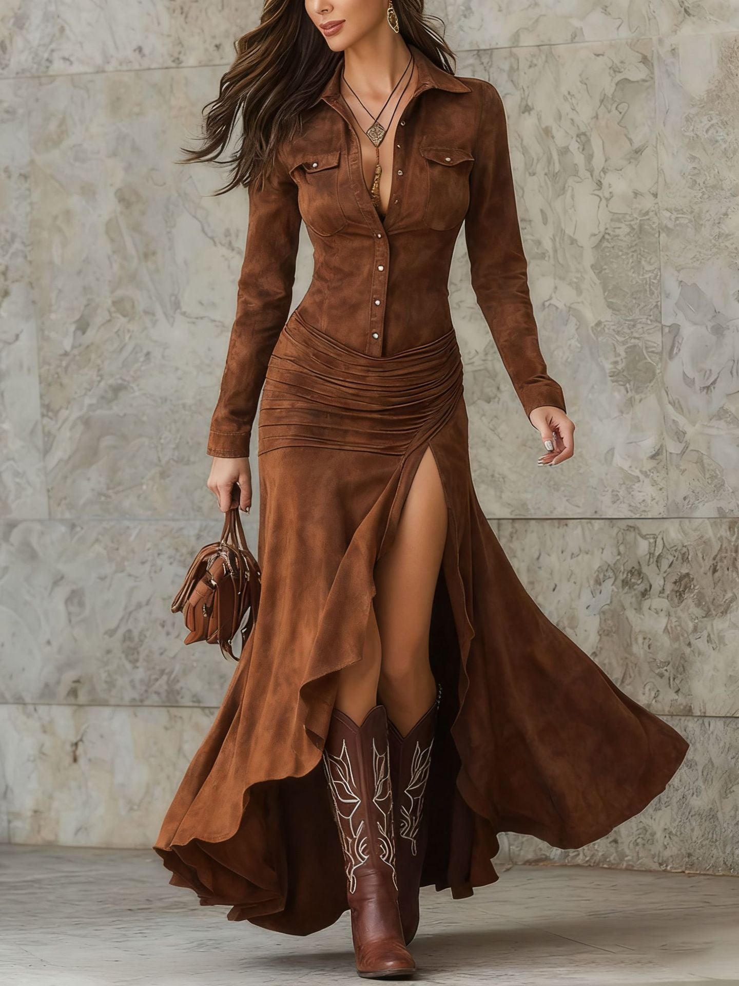 Elegant Zipper Stand Collar Slit Long Dress with Slim Fit 