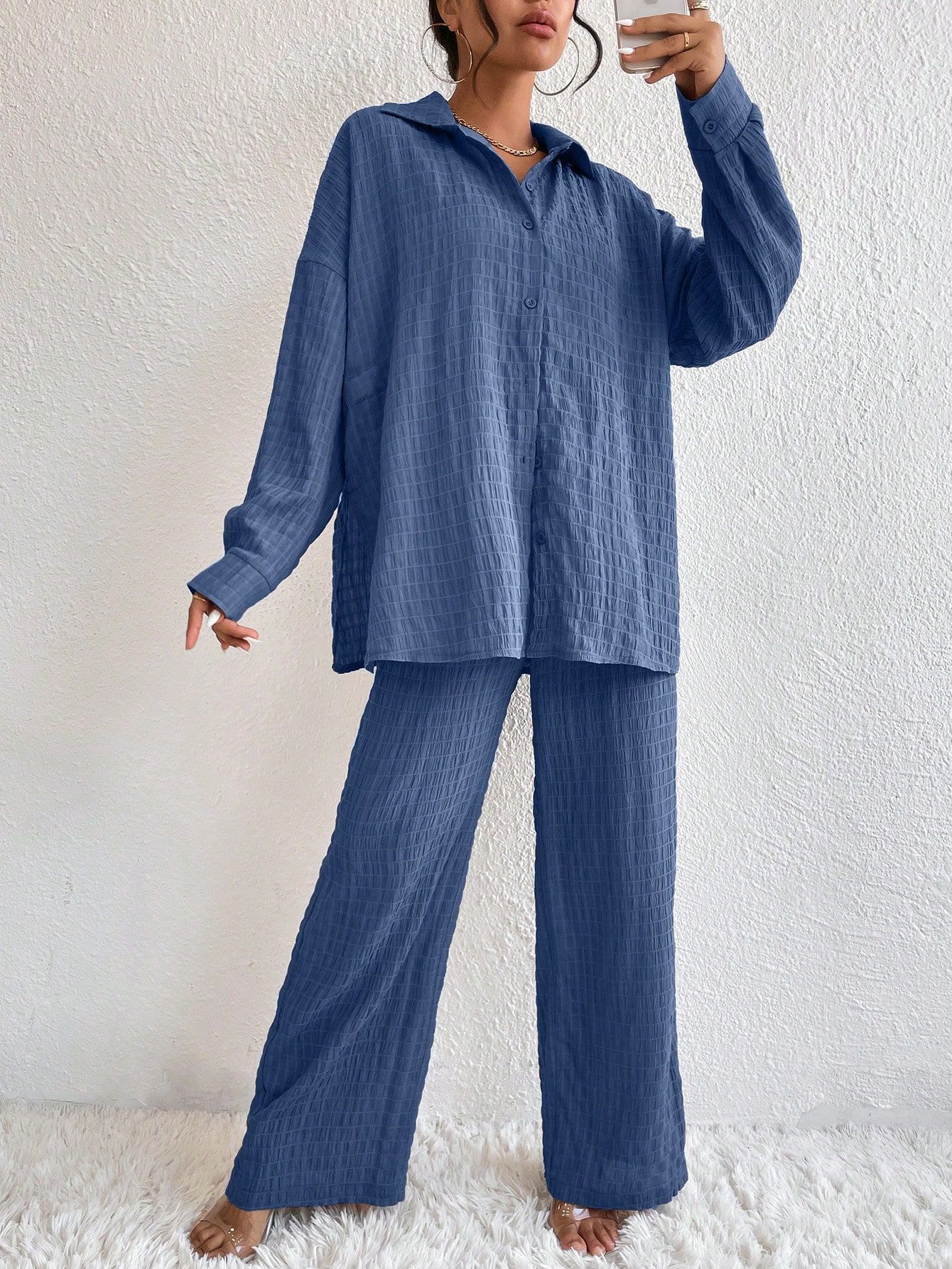 Summer New European And American Style Pleated Long-Sleeve Lapel Loose Two-Piece Set 
