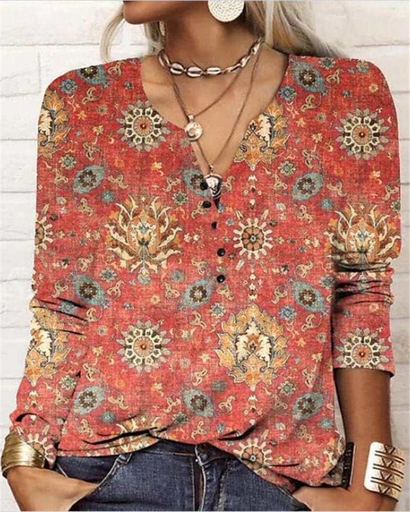 Women's Casual Ethnic Style V-neck Long-sleeved T-shirt 
