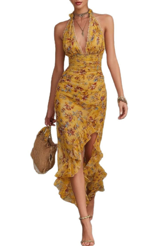 French Vintage Yellow Floral Halter Neck Dress Deep V Waist-Cinching Split Ruffle Slimming Elegant Dress 