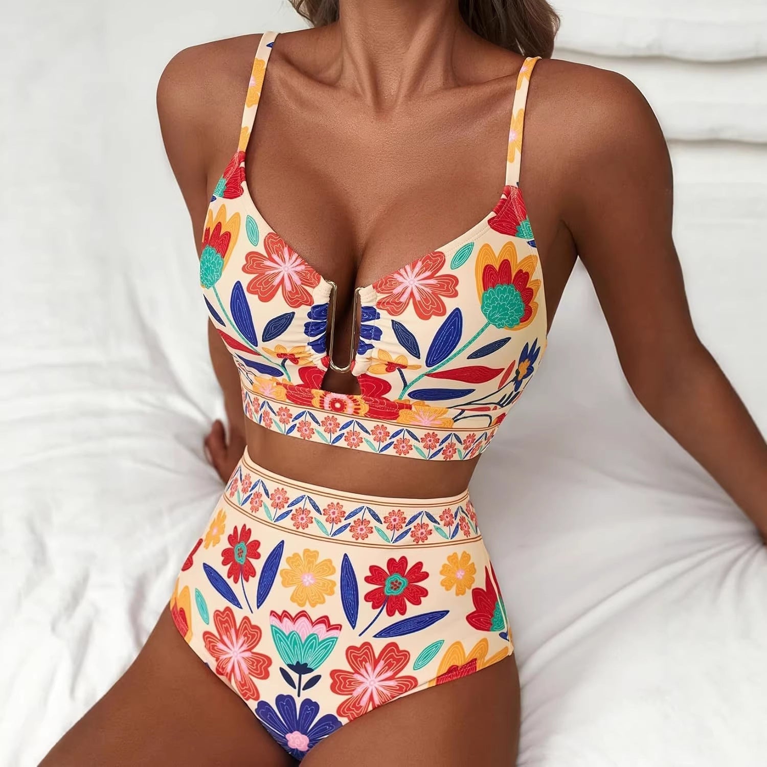Floral Print High-Waisted U-Line Bikini Set Swimwear for Women 