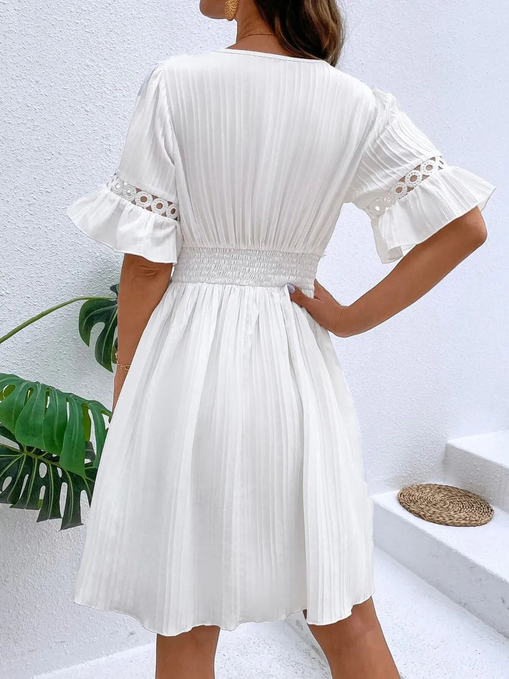 Cutout V-Neck Flounce Sleeve Mini Dress 