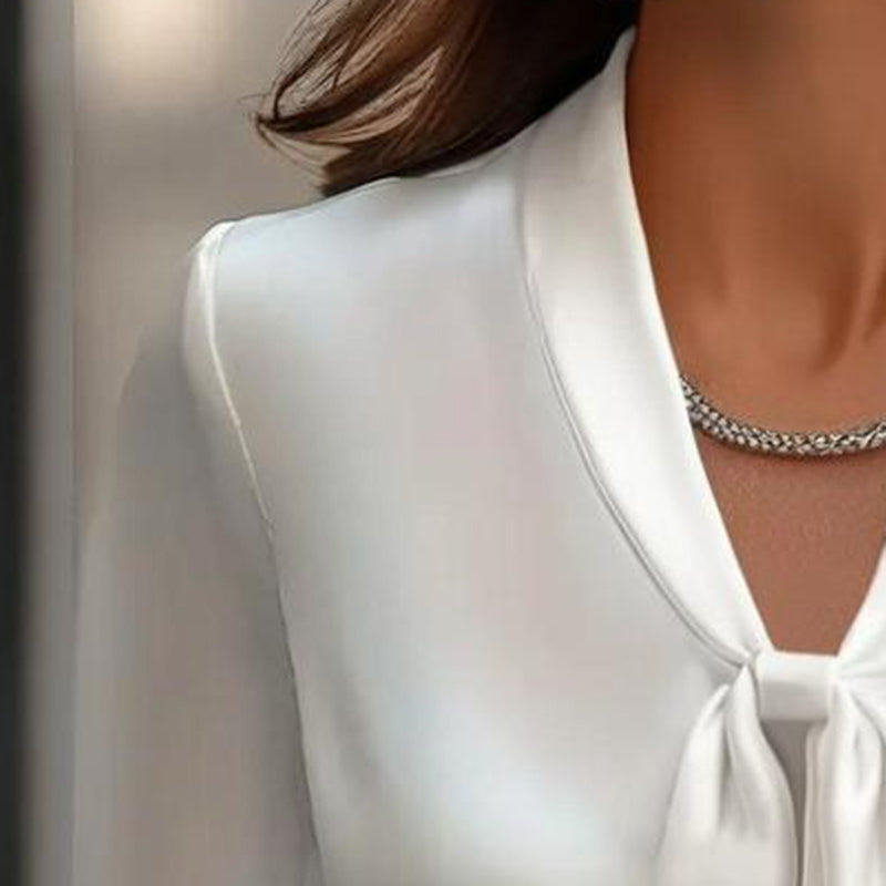 Elegant Satin Ribbon Blouse — Long Sleeve Button-Down Work Shirt CJ US