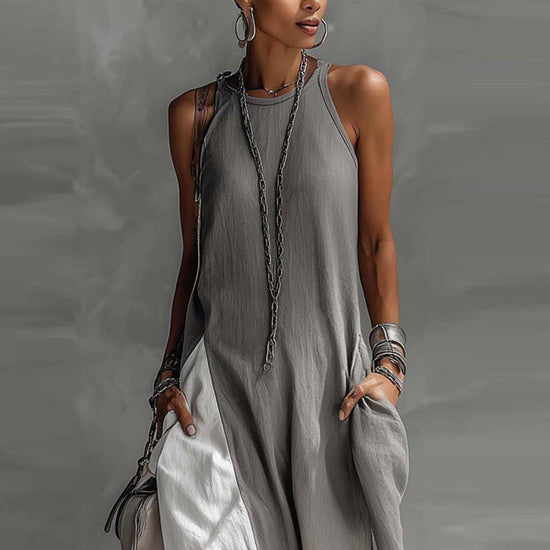 Womens Sleeveless Loose-Fit Color-Block Casual Off-Shoulder Dress With Pockets 