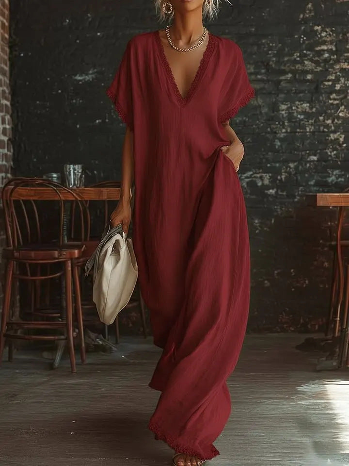 European And American Style Casual Elegant Comfortable Lace-trimmed Loose Linen Cotton Long Dress 