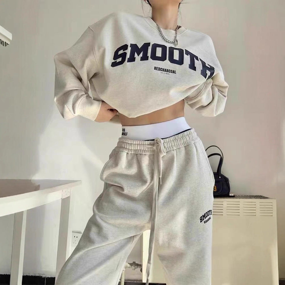 Gray Hoodie And Pants Fashion Running Two-piece Set Trendy 